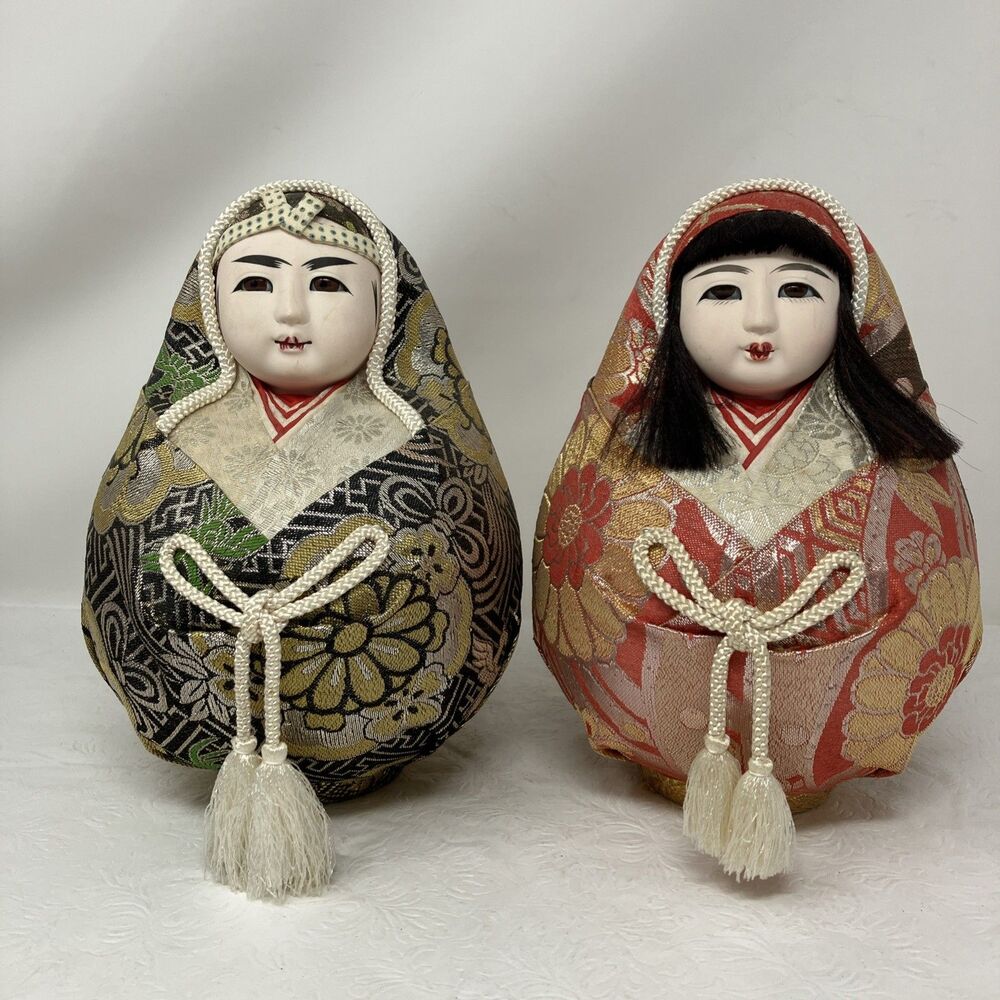 Hime Daruma Japanese Dolls PAIR Vintage Roly Poly Brocade Kimono Wedding Decor